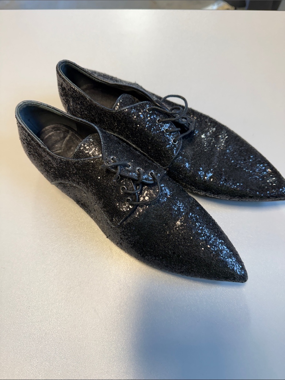 MIU MIU Women's Leather Glitter Accents Derby Shoes Size 36/US 6 In Black